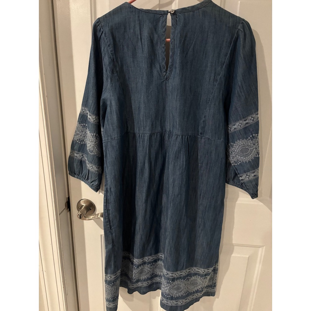 J Jill Embroidered Denim Dress Blue 3/4 Sleeve Casual Boho Chic Sz Small - Picture 6 of 6
